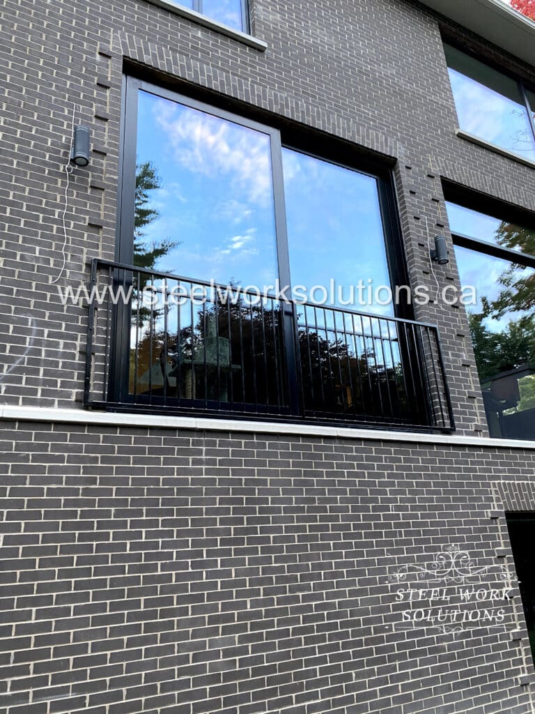 Elegant and stylish French Balcony Railing, Matte Black Finish. Designed, fabricated, and installed in Oakville, ON by Steel Work Solutions