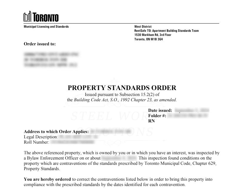 Property Standards Order from the City of Toronto