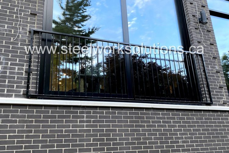 Elegant and stylish French Balcony Railing, Matte Black Finish. Designed, fabricated, and installed in Oakville, ON by Steel Work Solutions