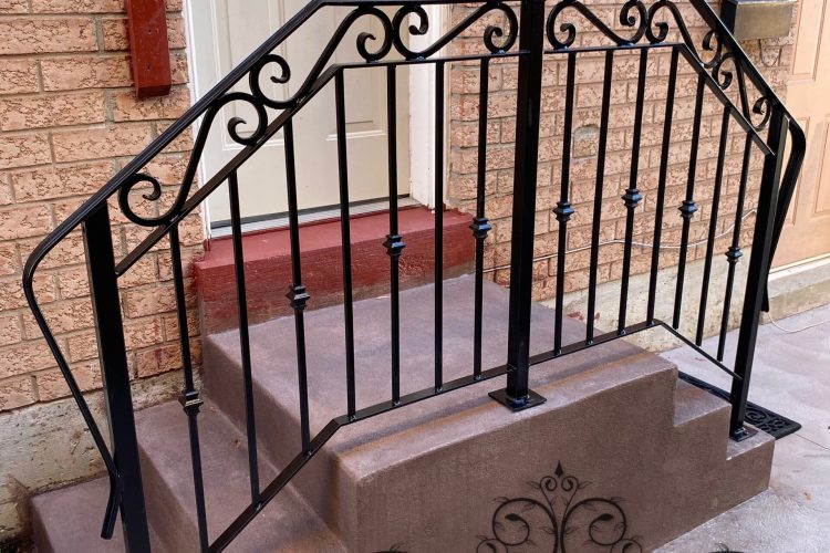 Wrought iron porch railing designed and fabricated by Steel Work Solution, galvanized and finished with matte black, installed at a residential property in Mississauga, ON